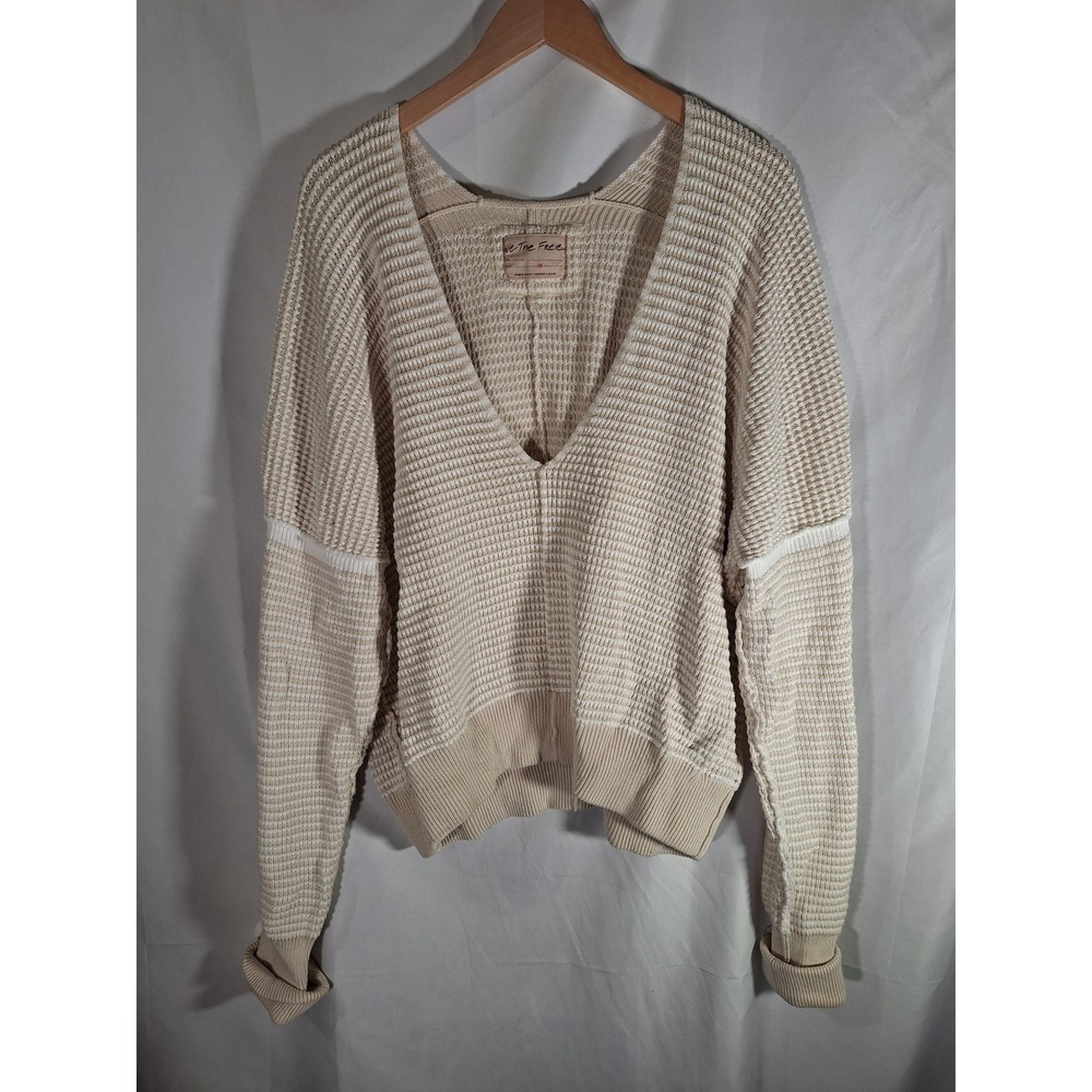 We The Free Free People Waffle Knit V-Neck Sweater Cream Tan Relaxed Medium